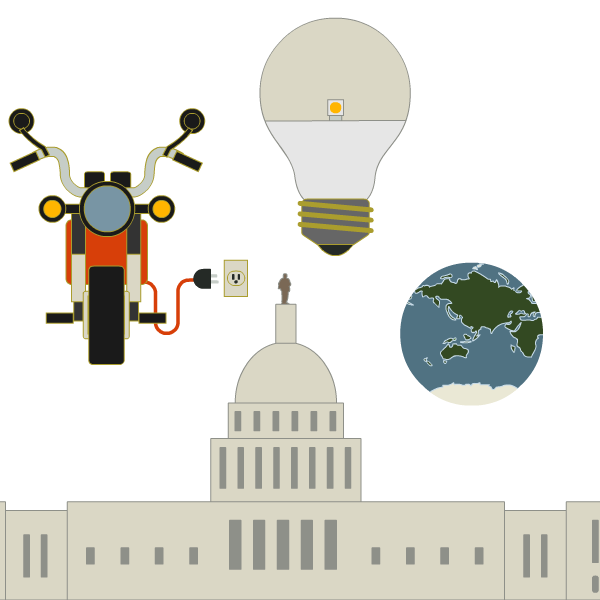 globe, light bulb and electric bike hovering over the U.S. 国会大厦